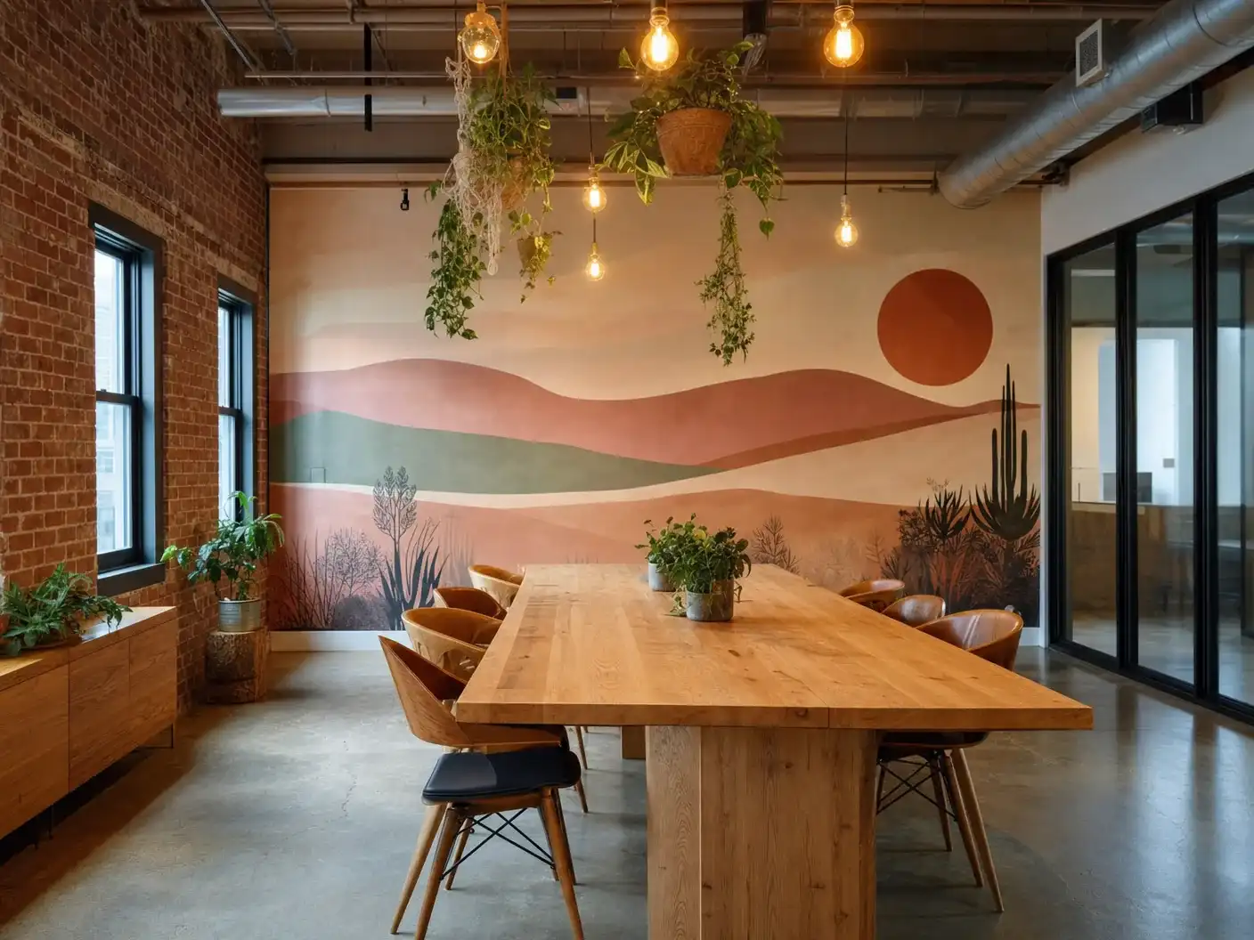 Philadelphia creative coworking with custom Philadelphia-skyline mural wallpaper