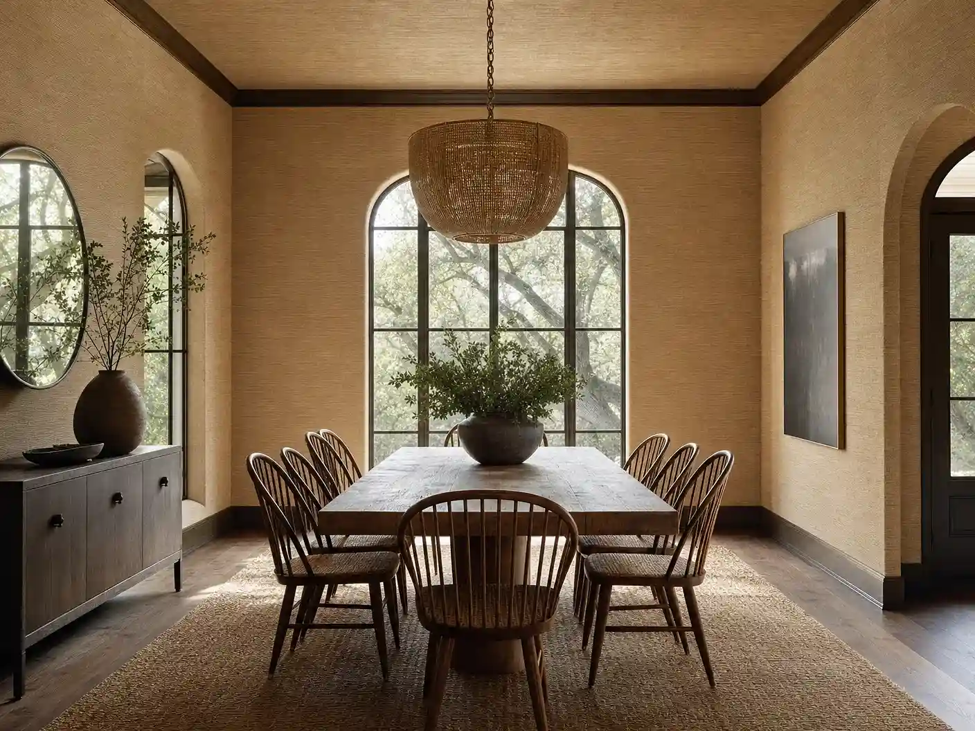 Philadelphia dining room wrapped in beige natural grasscloth
