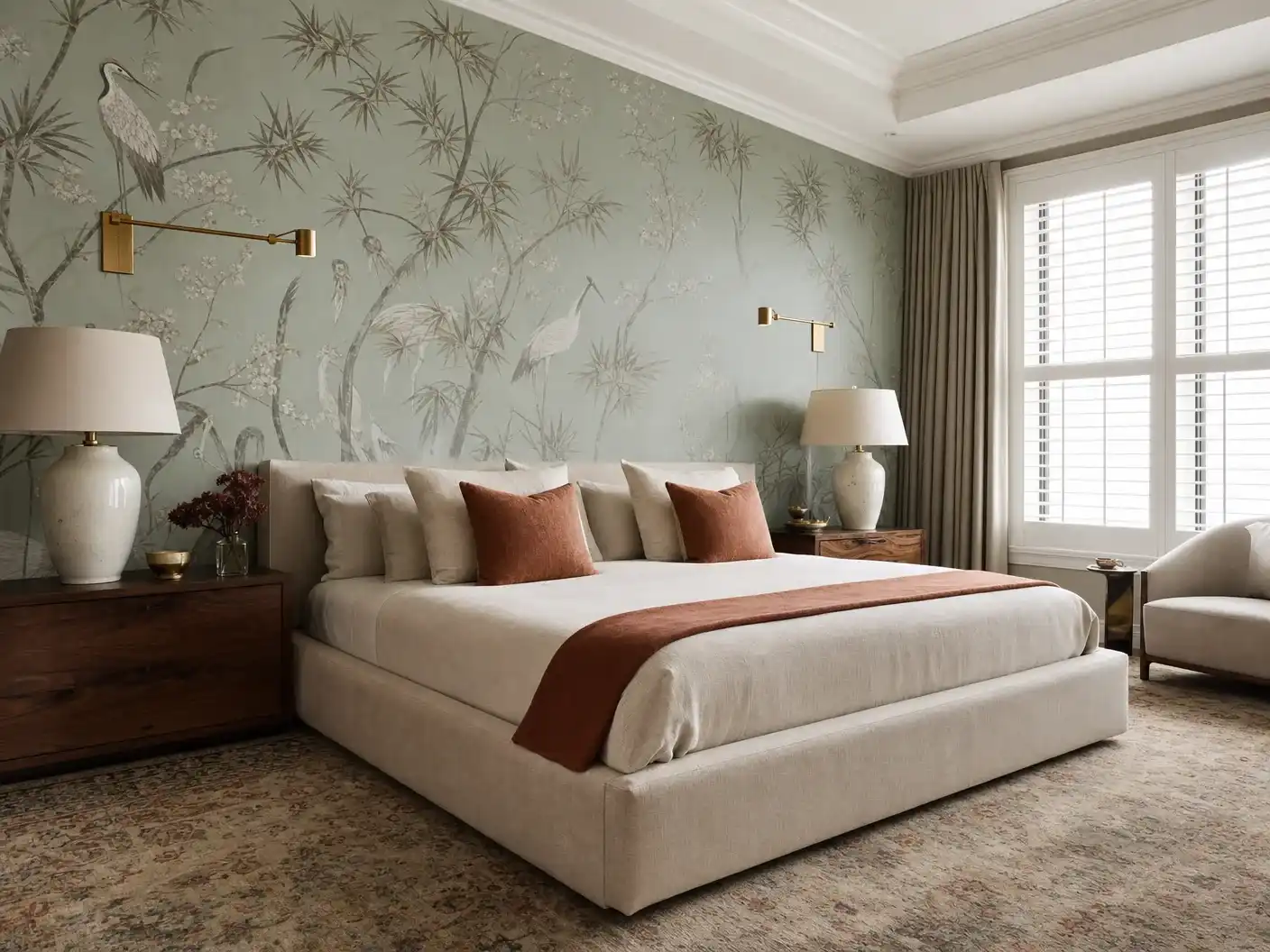 Chestnut Hill primary bedroom with chinoiserie wallpaper