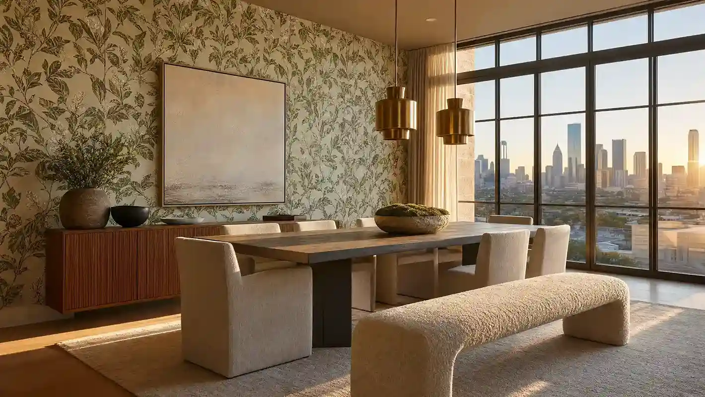 Philadelphia dining room with botanical feature-wall wallpaper at golden hour