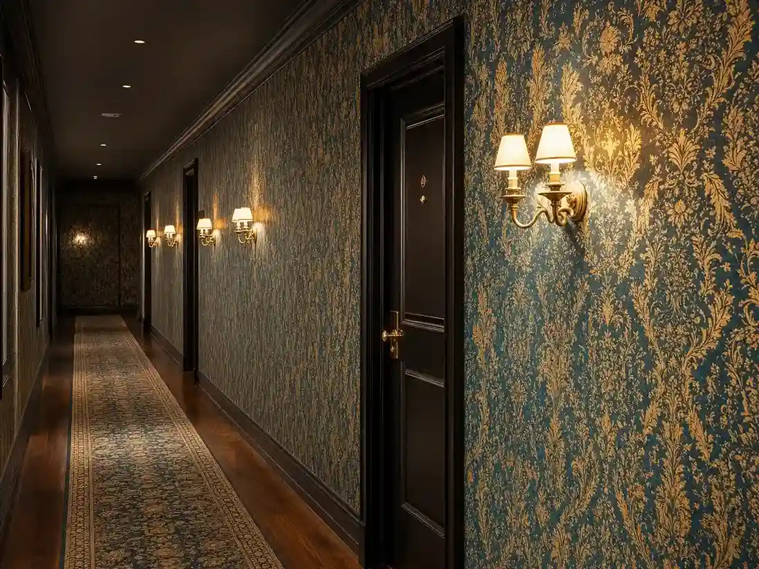 Philadelphia hotel corridor with metallic vinyl wallcovering after overnight installation