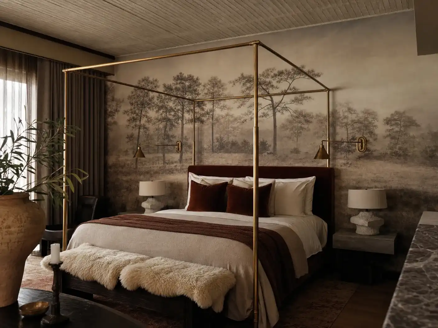 Philadelphia boutique hotel suite with scenic forest mural wallpaper