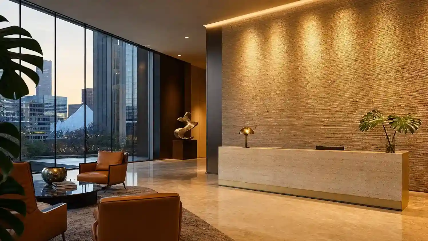 Class A Philadelphia office lobby with grasscloth feature wall