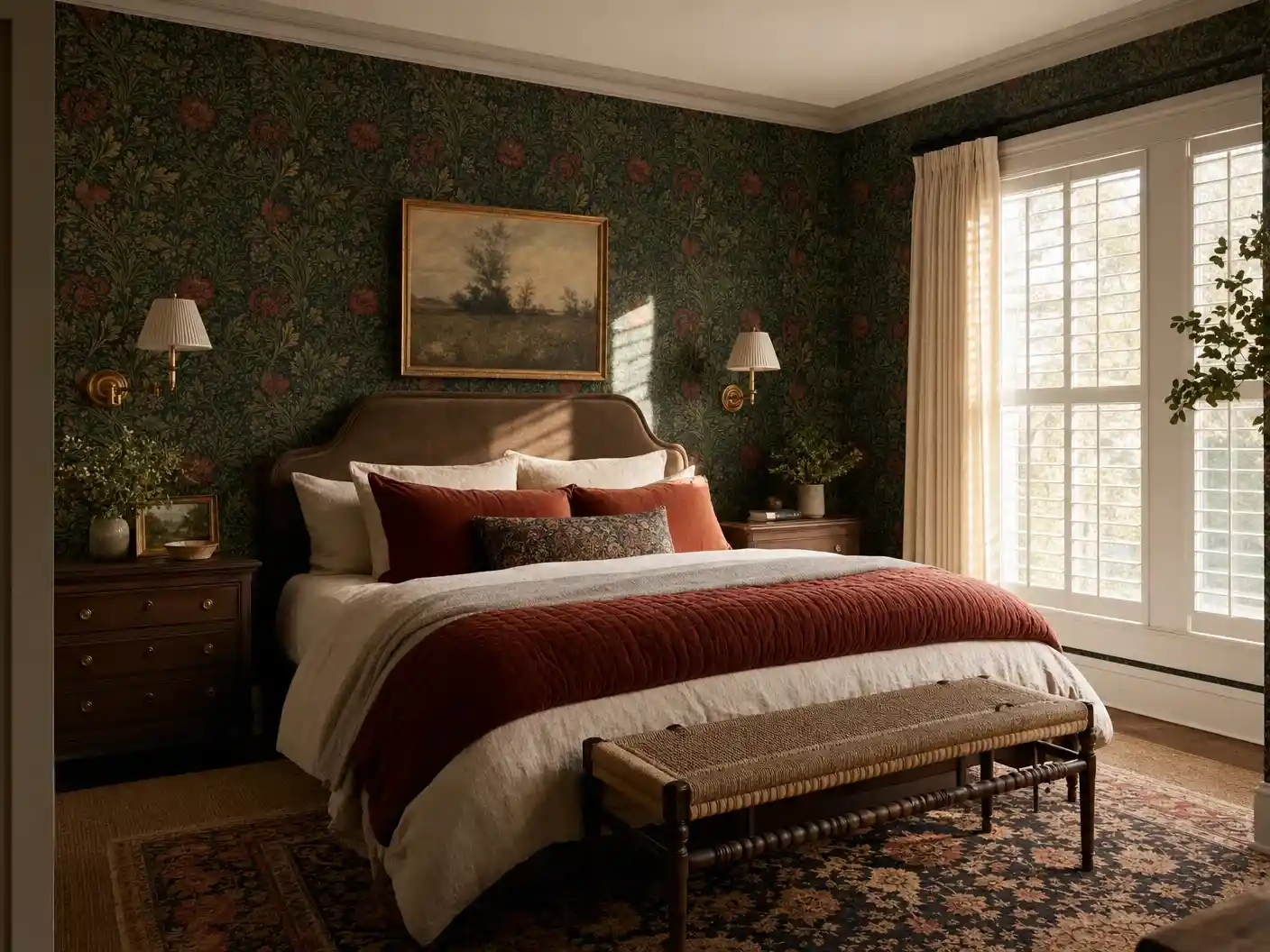 Philadelphia master bedroom with William-Morris-style botanical wallpaper