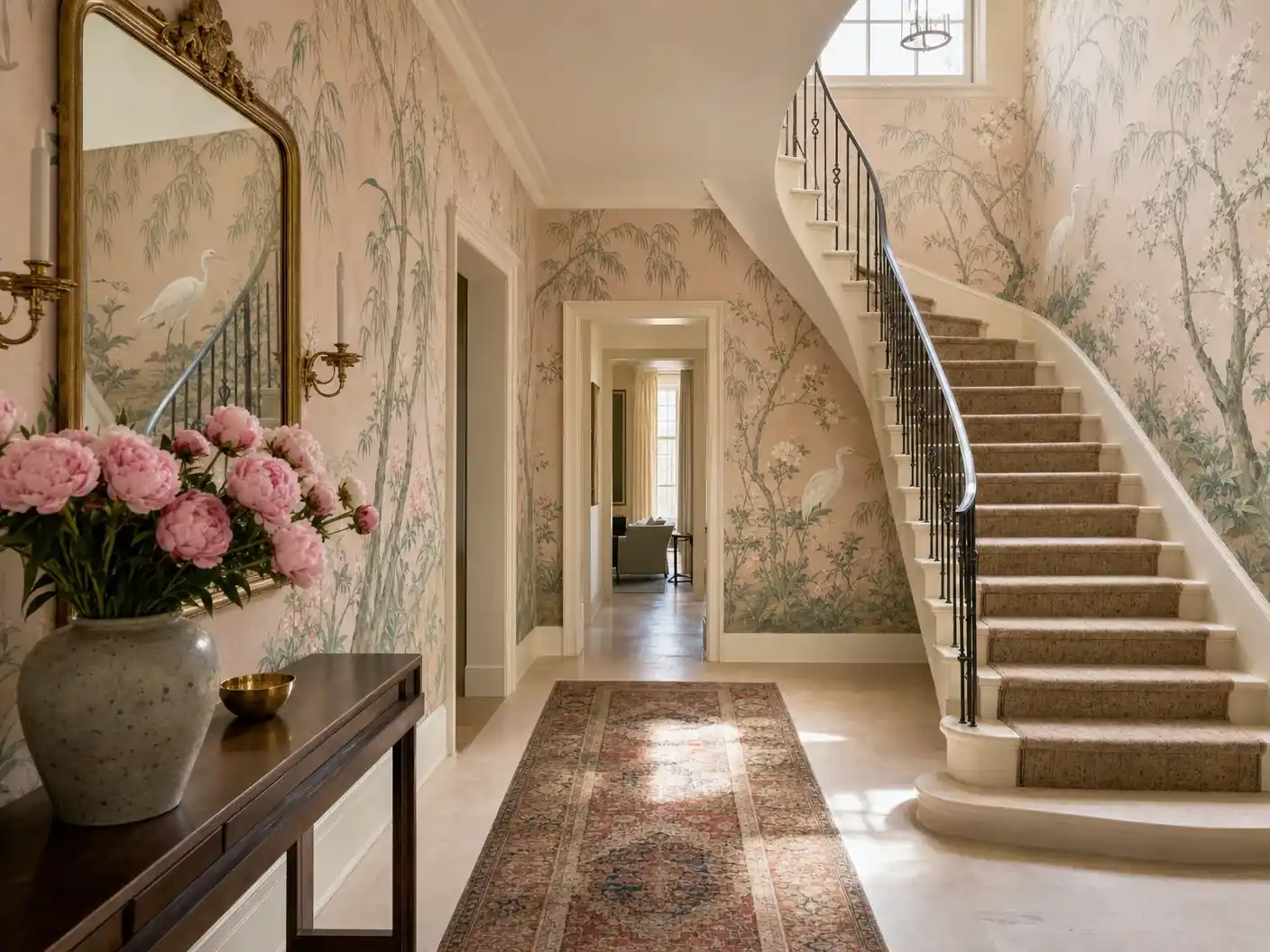 Chestnut Hill Philadelphia foyer with chinoiserie wallpaper and curved staircase